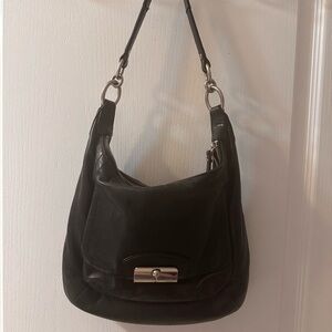 Coach Sleek Black Leather Hobo Bag with Front Clasp